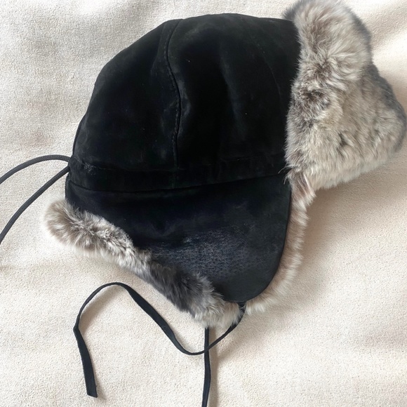ALMAR, Canada, Suede leather trapper hat with rabbit fur, black,  grey size M - Picture 2 of 5
